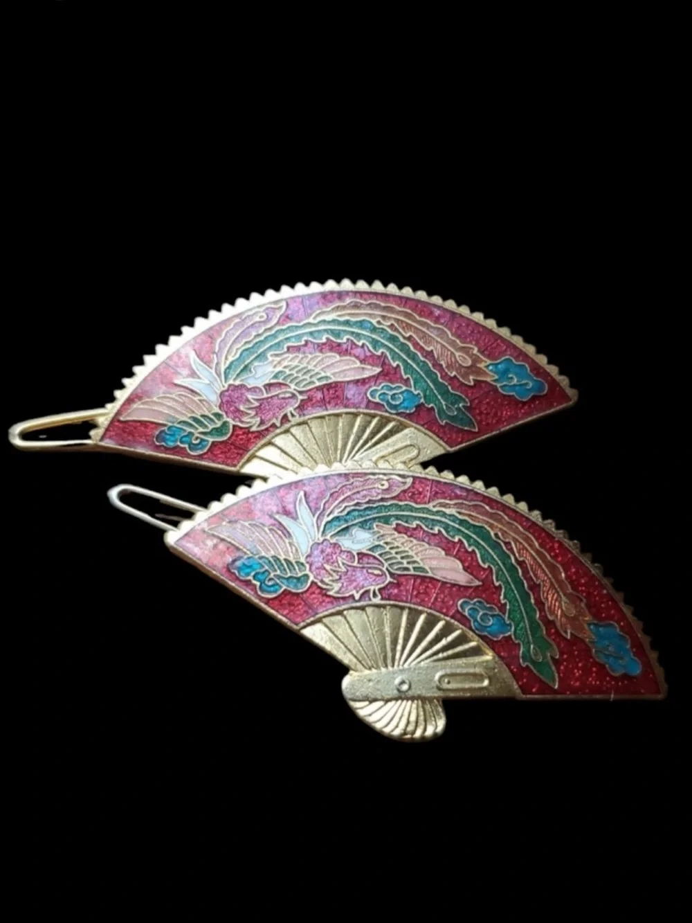 Vintage Cloisonné Fan Hair Barrettes
